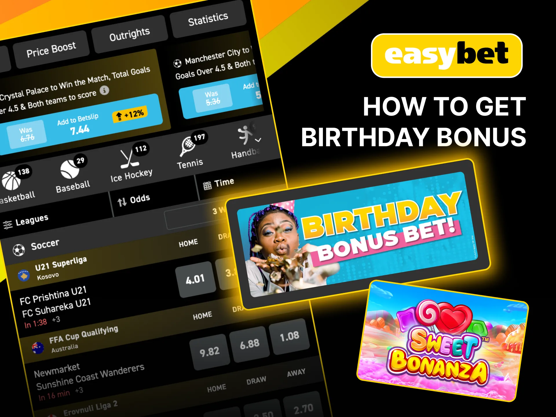 Enjoy 25 Free Spins and a deposit-based Bonus Bet from Easybet on your birthday.