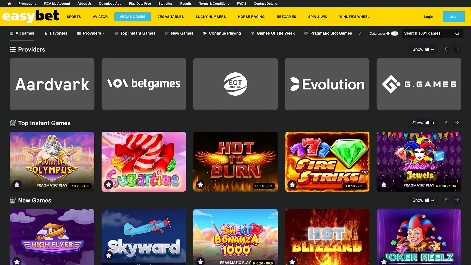 Easybet casino section.