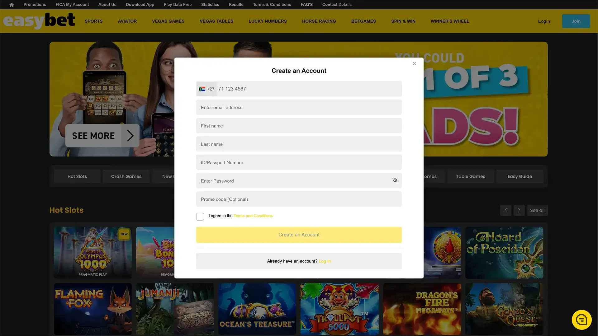 Easybet registration form.