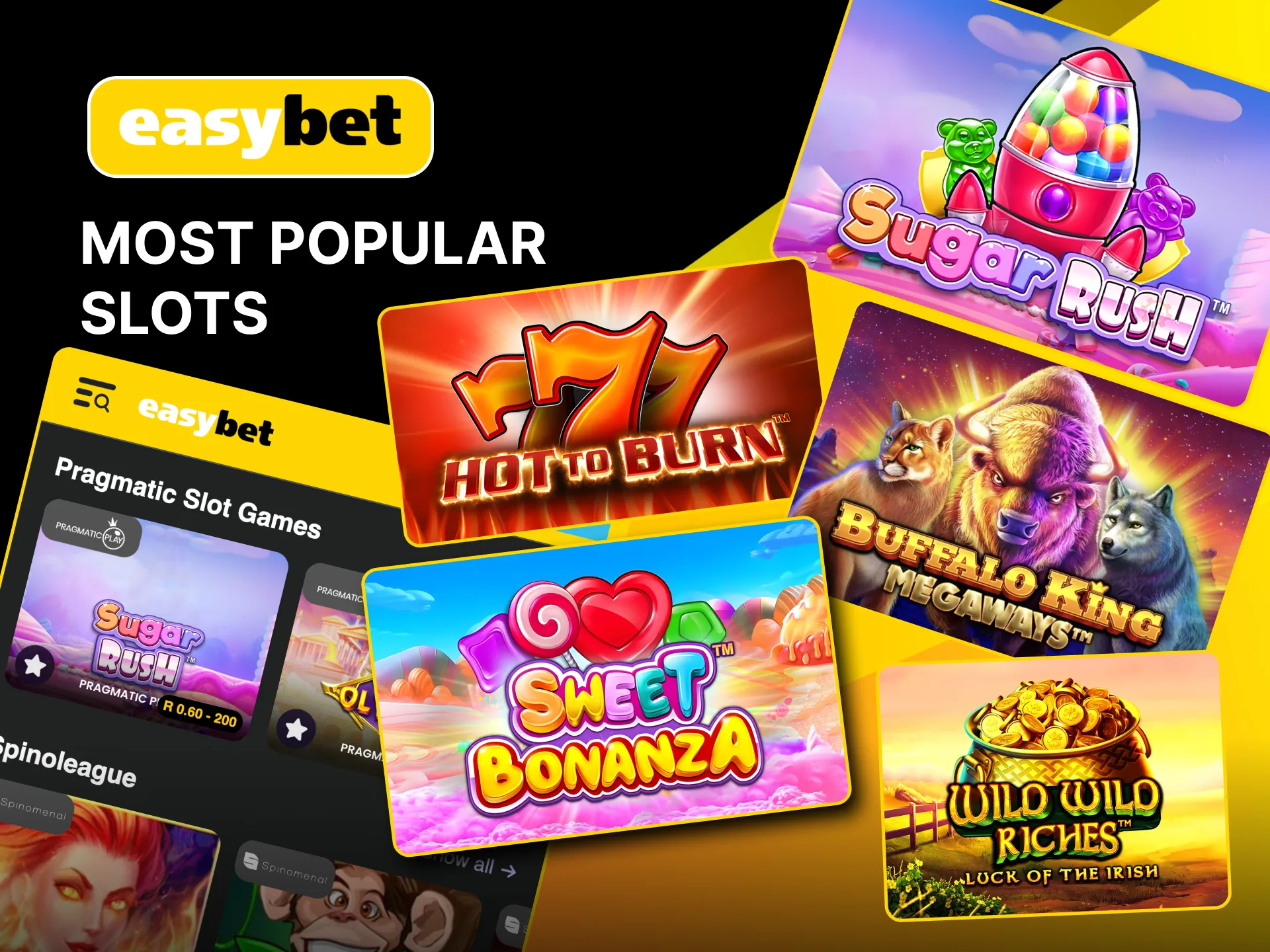 Easybet's top slots include Sweet Bonanza, Sugar Rush, Wild Wild Riches.