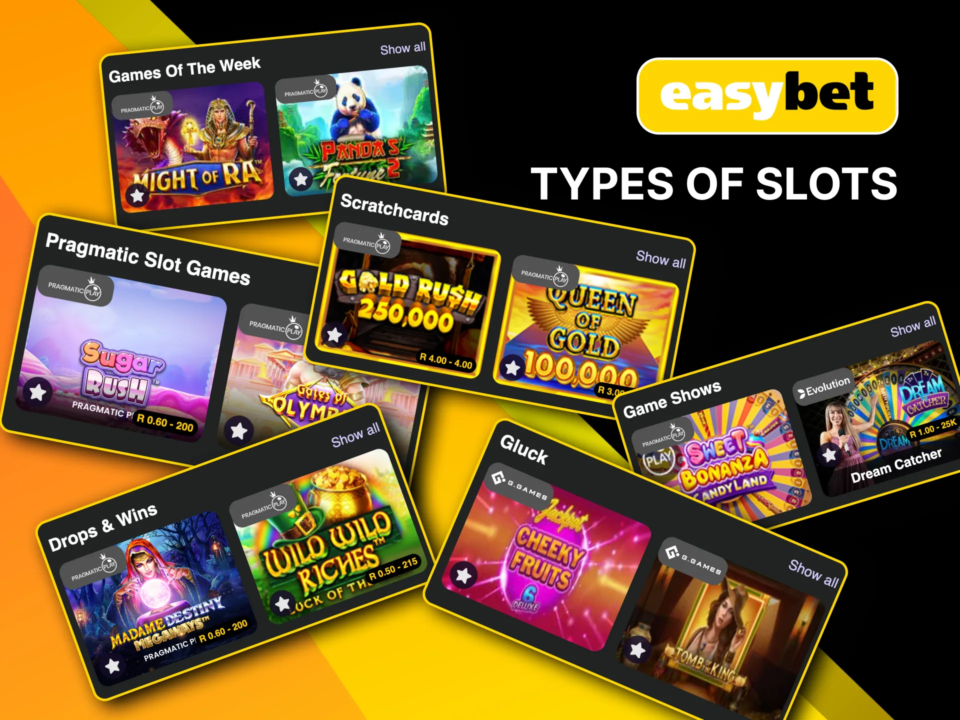 Easybet slots include Games of the Week, Pragmatic Play, and Drops and Wins jackpots.