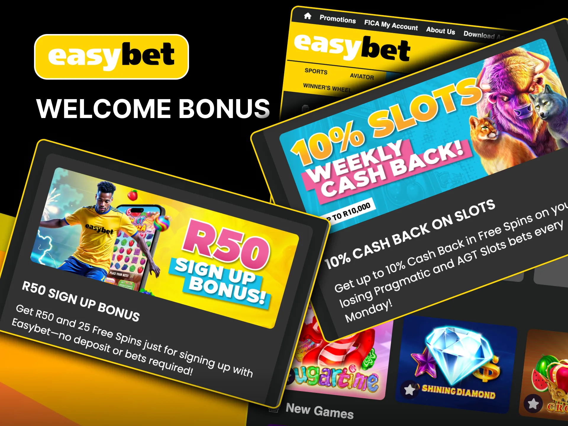 New Easybet slots players get 10% Free Spins Cash Back and R50 bonus without a deposit.
